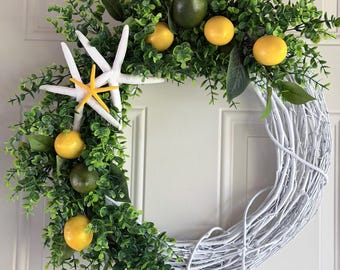 Coastal Lemon Lime Starfish Wreath, Summer Beach Grapevine Door Decor