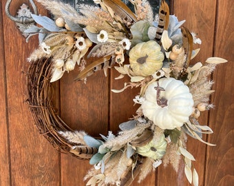 Boho Pumpkin Wreath, Coastal Fall Decor, Pampas Grass Wreath, Feather Grapevine Wreath, Neutral Fall Door Wreath, Farmhouse Autumn Wreath