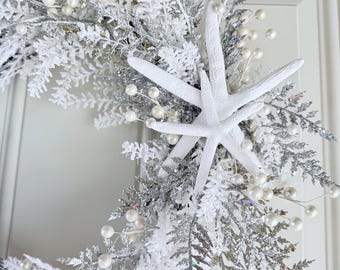 Silver Starfish Christmas Wreath, Coastal Winter Wreath, White and Silver Glitter Holiday Door Decor, Elegant Beach House Christmas