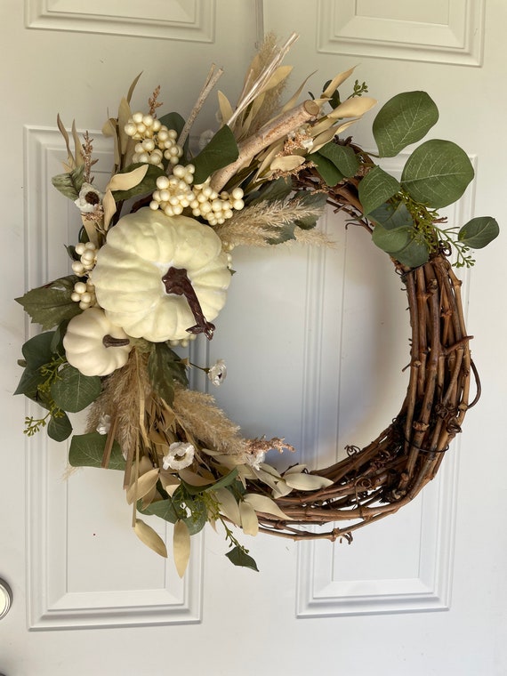 Fall Pumpkin Wreath-Boho Fall Wreath-Thanksgiving Wreath-White  Pumpkin Wreath-Fall Wreath-Rustic Fall Wreath