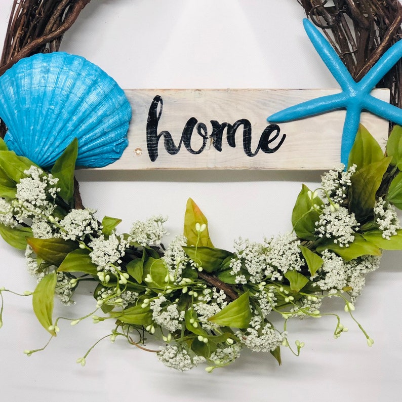 Beachy Wreath with Turquoise Starfish and Clam Shell-Beach Wreath with HOME Sign-Turquoise Shell Wreath-Home Sign-Welcome Wreath-Rustic