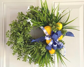 CLEARANCE-Small Lemon Wreath, Boxwood Greenery, Blue Polka Dot Bow, Coastal Summer Door Decor