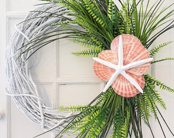 Coastal Starfish Clam Shell Grapevine Wreath, Beach Wedding Door Hanger