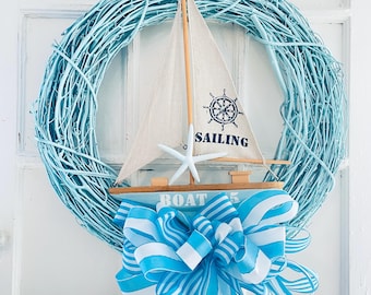 Nautical Sailboat Wreath, Ocean Blue Grapevine, Coastal Beach Door Decor, Sailing Summer Accent