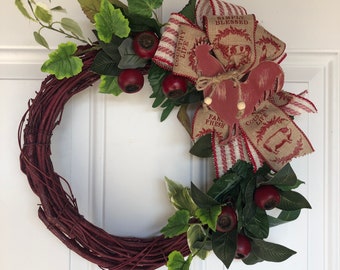 Handcrafted Red Rooster Grapevine Wreath, Rustic Farmhouse Door Decor