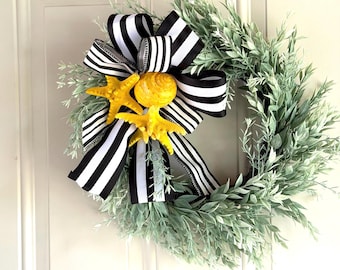 CLEARANCE-Beach Wedding Decor - Starfish Wreath for Golf Cart-Yellow Shells with Black/White Stripe Ribbon