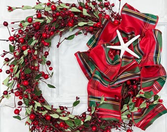 Coastal Christmas Wreath with Real Starfish, Red Berry Holiday Wreath, Red Green Plaid Bow, Beach House Christmas Decor