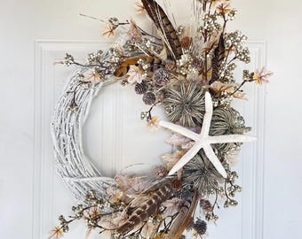 Coastal Fall Wreath with Starfish, Pheasant Feathers Twig Wreath, Pinecone Berry Door Wreath, Nautical Autumn Decor, Beach House Door Hanger