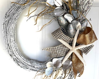 Beachy Christmas Wreath-Beachy Silver & Gold Wreath-Christmas Starfish Wreath- Beach Wreath-Starfish Wreath-Beach Wedding Decor