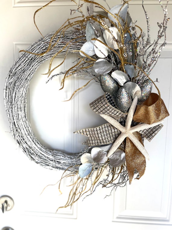 Beachy Christmas Wreath-Beachy Silver & Gold Wreath-Christmas Starfish Wreath- Beach Wreath-Starfish Wreath-Beach Wedding Decor