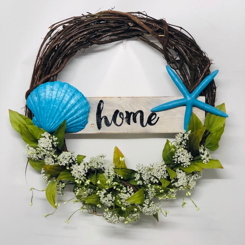 Beachy Wreath with Turquoise Starfish and Clam Shell-Beach Wreath with HOME Sign-Turquoise Shell Wreath-Home Sign-Welcome Wreath-Rustic
