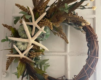 Coastal Fall Wreath with Starfish, Grapevine Autumn Wreath, Beach Harvest Decor, Pheasant Feather Wreath, Boho Nautical Front Door Decor