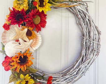Fall Beach Wreath: Starfish, Seashells, Bright Flowers, Seaside Decor, Coastal Fall Decoration