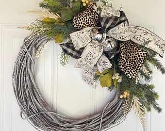 CLEARANCE-Silver Jingle Bell Wreath: Grey Grapevine, Holiday Door Decor