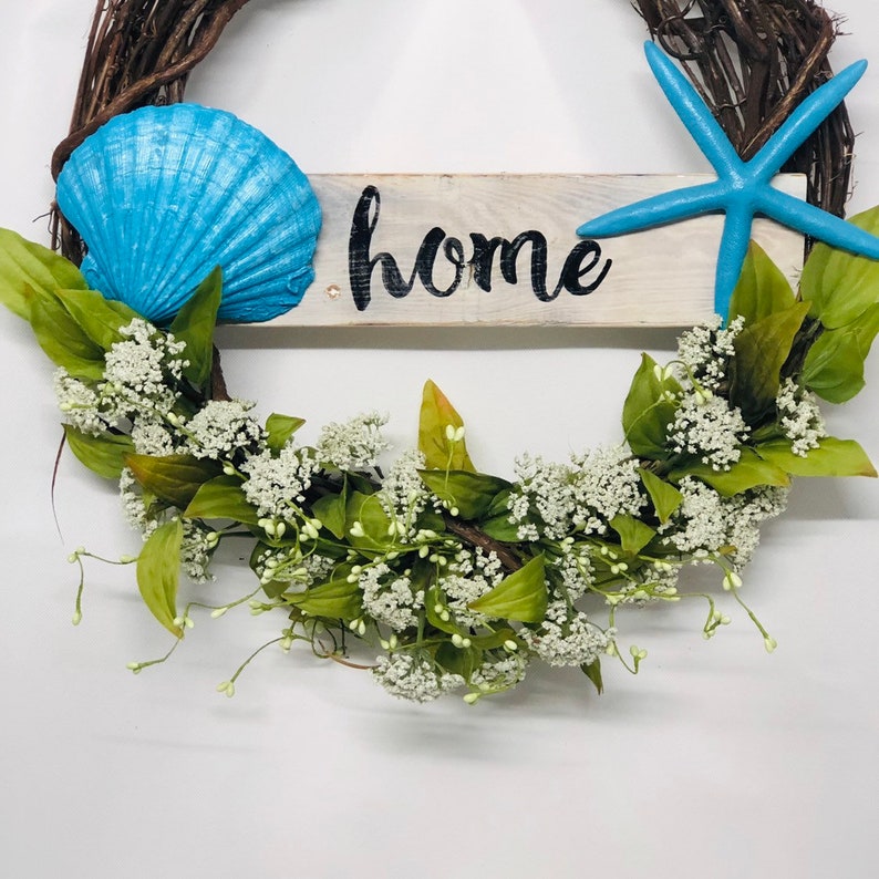 Beachy Wreath with Turquoise Starfish and Clam Shell-Beach Wreath with HOME Sign-Turquoise Shell Wreath-Home Sign-Welcome Wreath-Rustic