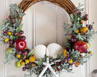Coastal Fall Wreath, Vintage Fruit, Seashells, Starfish, Grapevine Door Decor
