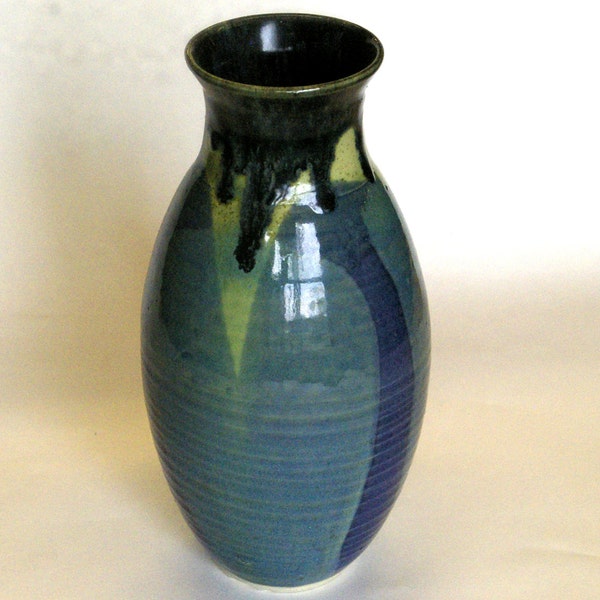 Tall Earth Rainbow Vase, Blue, Ivory, Black, Brown, White, Hand Made, Porcelain, Born of Fire, Flower, Feather, Water Tight, Graceful