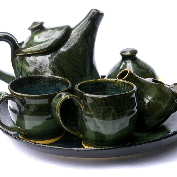 A Hobbit's Tea Set- The Baggins, Tea cup, Mug, Green, Blue, black, middle earth, set, ceramic, handmade, hobbit, born of fire