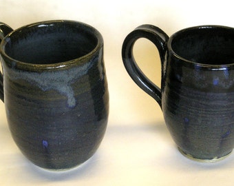 Pair of large dark mugs, set, large, black, blue, stoneware, handmade, sky, coffee, beer, tea, juice, oven safe, dishwasher safe
