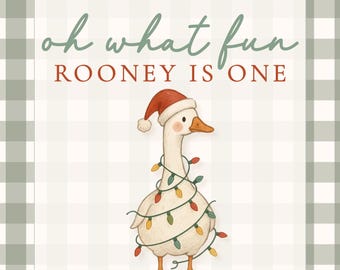 May include: An invitation with a whimsical illustration of a goose wearing a Santa hat and wrapped in Christmas lights. The text reads "oh what fun ROONEY IS ONE" and invites guests to celebrate on December 13th at 2 pm.
