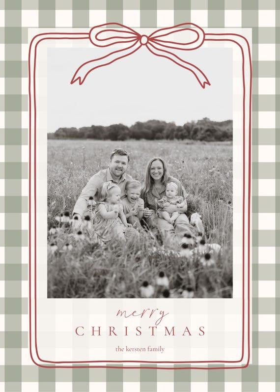 Rustic Gingham Christmas Card Template | Editable Holiday Photo Card with Bow | Printable or Shipped