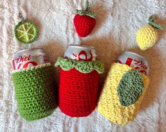Fruit Koozie au crochet - Fraise fait main Koozie - Lemon Koozie - Lime Koozie - Porte-clés - Cadeau pour elle - Pochette réutilisable - Refroidisseur de canettes