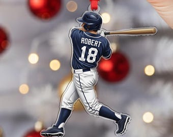 Ornamento natalizio personalizzato a forma di giocatore di baseball piatto 2D • Regalo sportivo con nome e numero personalizzati