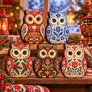 May include: Five wooden owl figurines arranged on a wooden surface. Each owl features intricate, colorful folk-art style floral patterns. The owls are painted in various color combinations including red, white, blue, and black, with detailed eyes and beaks.