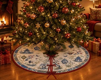 Gesteppte Weihnachtsbaumdecke: Blau-weißes Chinoiserie-Muster, Pagodenkranich-Dekoration, roter Rand