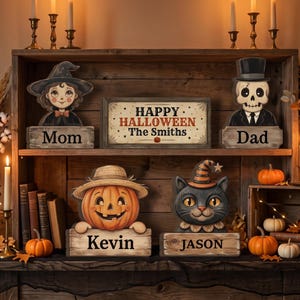 May include: A set of four wooden Halloween character signs featuring a witch labeled Mom, a skeleton labeled Dad, a pumpkin labeled Kevin, and a cat labeled Jason, alongside a rectangular sign that reads HAPPY HALLOWEEN The Smiths.