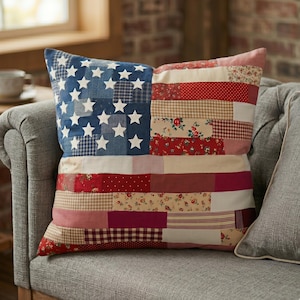 American Flag Patchwork Pillow Cover Patriotic Cushion Red White Blue Home Decor