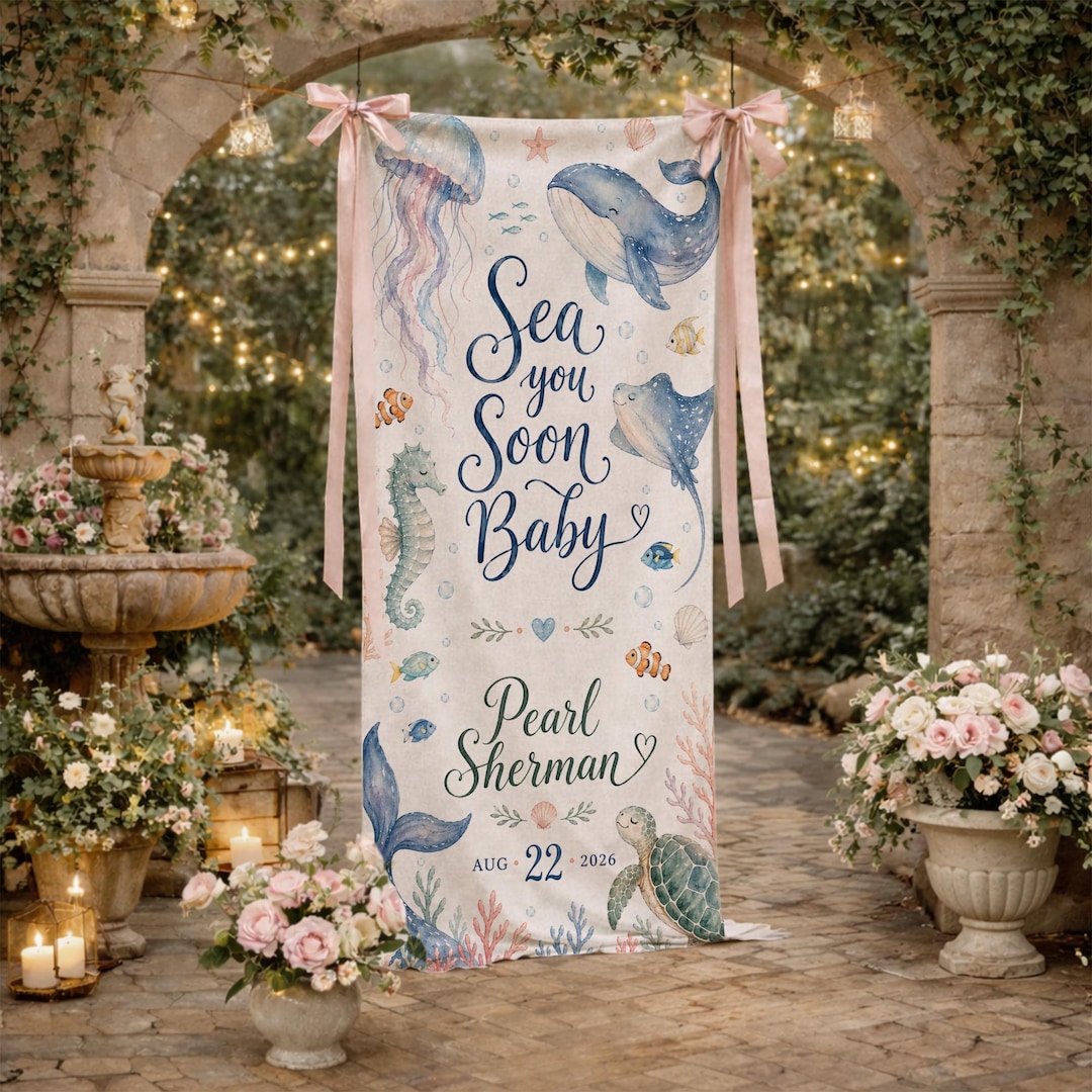 Coastal Baby Shower Welcome Sign Sea You Soon Banner Personalized Ocean ...