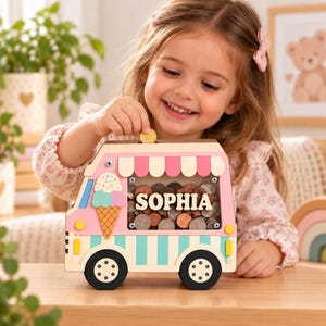 Salvadanaio personalizzato a forma di camioncino dei gelati con nome personalizzato, scatola portamonete in legno