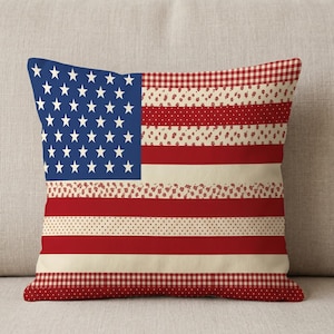 Sierkussen Amerikaanse vlag, 2D plat faux patchwork kussen, pluche decor pluche hoes met sterrenstrepen