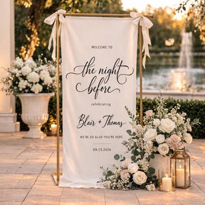 Rehearsal Dinner Welcome Sign, The Night Before Wedding, Custom Fabric Sign with Names and Date