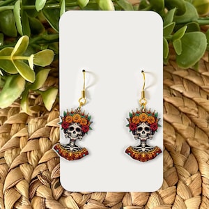 Sugar Skull Earrings - Day of the Dead Jewelry - Dia de los Muertos Earrings - Calavera Dangle Earrings - Floral Skeleton Gift