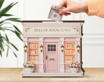 Book Fund Piggy Bank, Library Building Coin Bank, Personalized Pink Bookshelf Savings