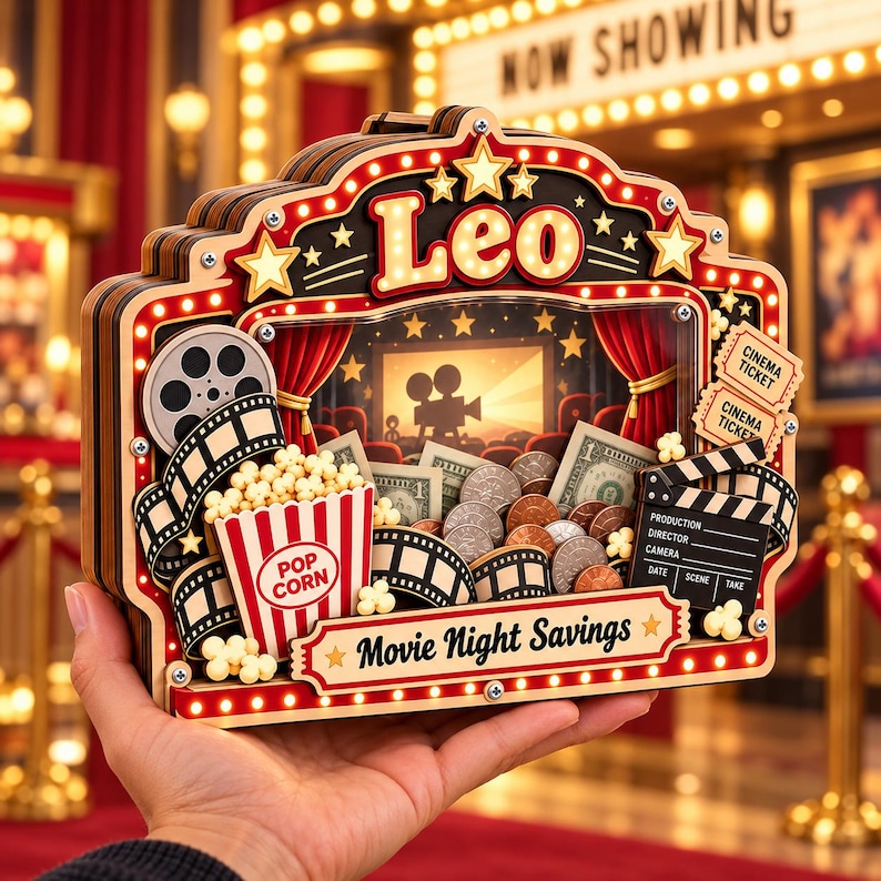 Popcorn Thinking Box Personalized Wooden Piggy Bank, Custom Movie Night Cinema Coin Savings ...