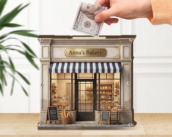 Alcancía de panadería en miniatura personalizada: Caja de ahorros de madera hecha a mano con decoración detallada