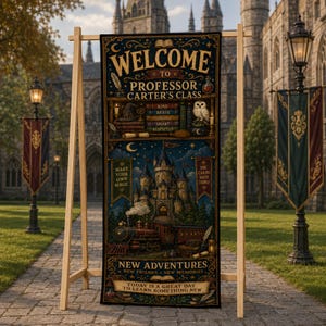 May include: A vertical rectangular banner on a wooden stand featuring the text Welcome to Professor Carter's Class. The design includes a castle, a steam train, an owl, books labeled Kind, Brave, Curious, Smart, Respected, and New Adventures.