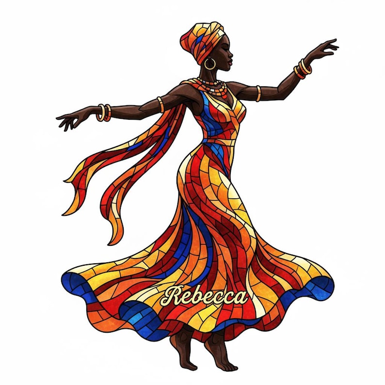 May include: An illustration of a woman in a colourful dress, head wrap, and jewellery. The dress is a mosaic of red, orange, yellow, and blue. The name "Rebecca" is written on the dress.