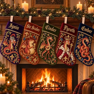 May include: Five velvet Christmas stockings hanging in a row, each featuring an embroidered dragon and a name: Ignis, Sir Scales, Cinder, Pyroth, and Ember. The stockings are decorated with gold trim and intricate floral patterns.