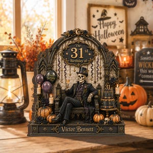パーソナライズされた木製バースデーブロック、ゴシックスケルトンハロウィンテーブルデコレーション