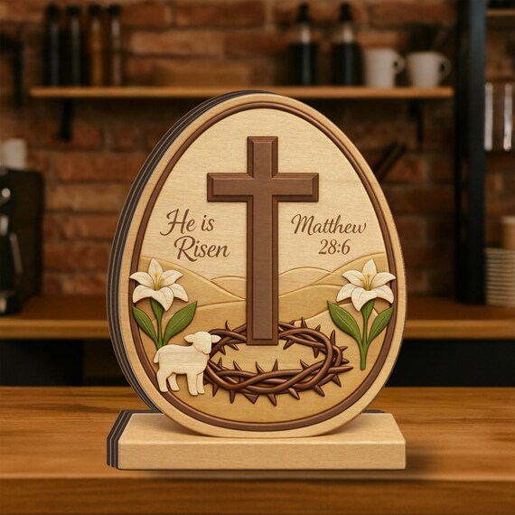 Wooden Easter Block - Cross with Lilies, Lamb & Matthew 28:6 Verse