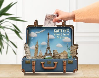 Hucha de viaje con diseño europeo, personalizada en acrílico, ideal para ahorrar en vacaciones.