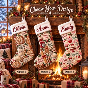May include: Three personalized Christmas stockings hanging from a wooden mantel. Each stocking features a white cuff with a name: Olivia, Anna, or Emily. The fabric displays baking-themed illustrations like bread, cupcakes, and tools.