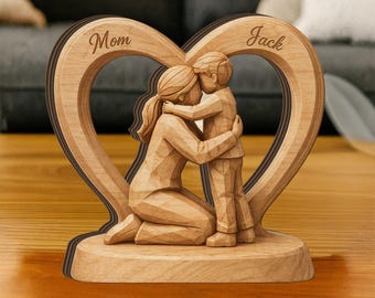 Escultura de madera en forma de corazón para madre e hijo, figura decorativa plana de madera 2D con nombre personalizado.