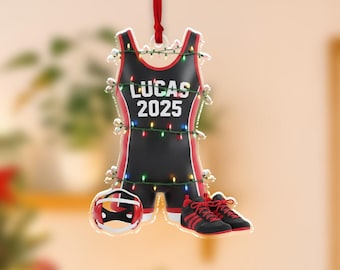 Personalized Acrylic Ornament — Custom Name Wrestling Singlet with Shoes & Headgear Scene