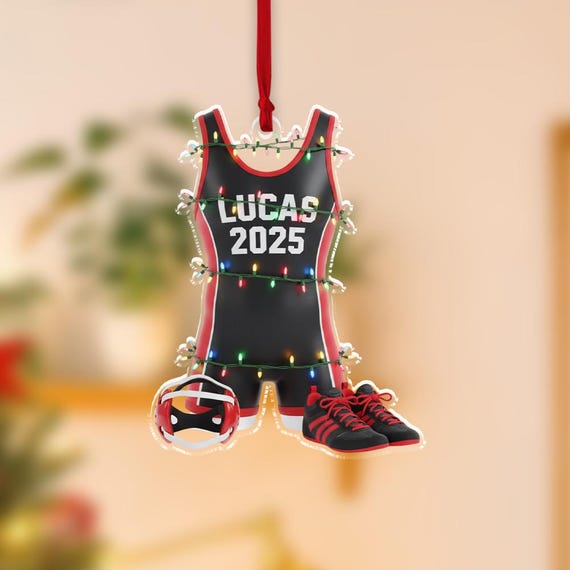 Personalized Acrylic Ornament — Custom Name Wrestling Singlet with Shoes & Headgear Scene