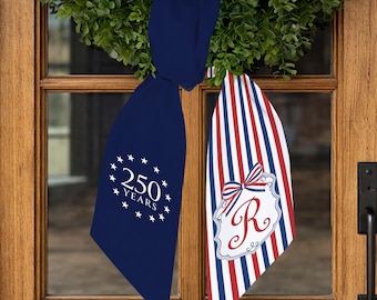 Red White Blue Wreath Sash, Monogram Door Ribbon, Patriotic Americana Decor